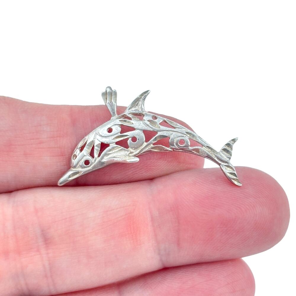 Vintage Sterling Silver 925 Filigree Dolphin Pendant